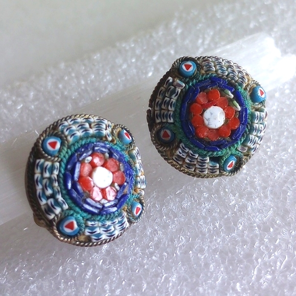 MICRO MOSAIC ITALY CLIP EARRINGS 7/8 " DIA. - Picture 3 of 5